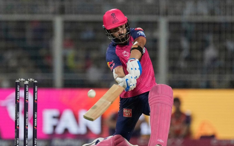 "Riyan Parag in action during his 95-run knock against KKR in IPL 2025."