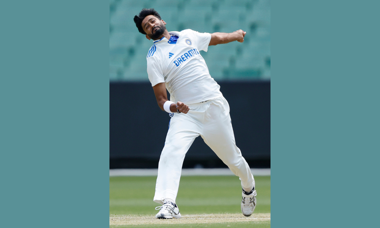 Khaleel Ahmed bowling for India A during the unofficial Test against England Lions at Northampton